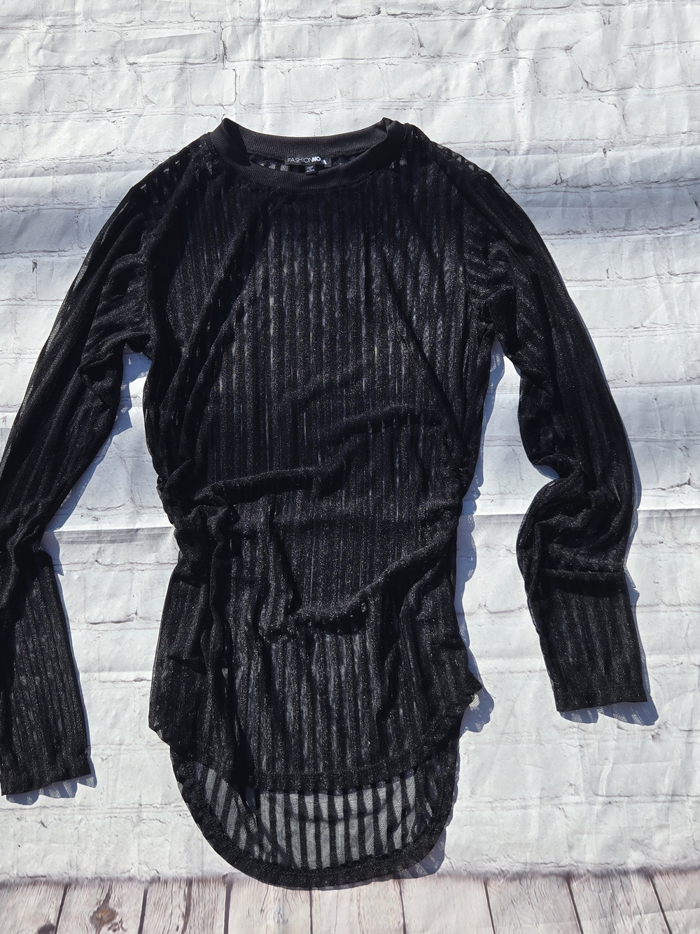 Fashion Nova Black Sheer Mesh Ribbed Long Sleeve Top